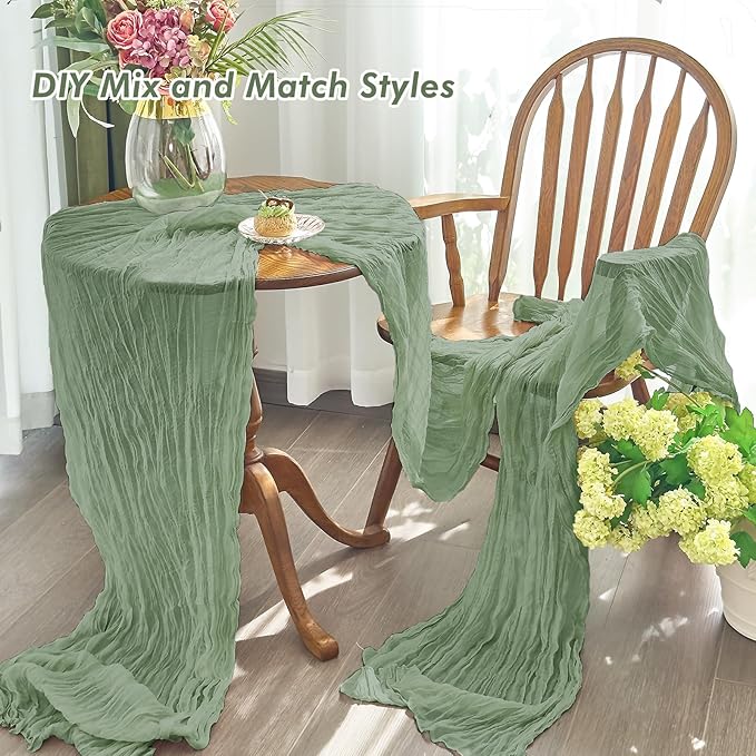IVAPUPU 1 Pcs Cheesecloth Table Runner - 10ft Sage Green Boho Gauze Cheese Cloth Table Runners for Baby Shower Decoration Wedding Party Summer Garden Farmhouse