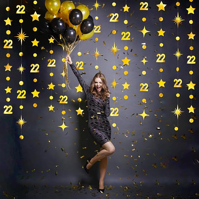 Gold 22nd Birthday Decorations Number 22 Circle Dot Star Garland Streamer Bunting Banner Backdrop for Women Mens Feeling 22 Twenty Two Years Old Birthday Happy 22th Anniversary Party Supplies