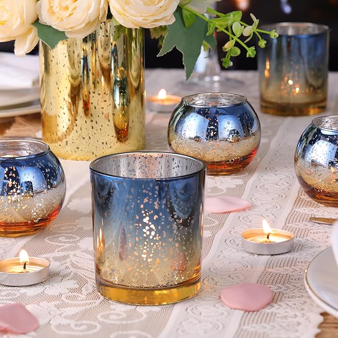 Volens 30pcs Assorted Navy Votive Candle Holders Bulk, Large Mercury Glass Votive for Wedding Table Centerpieces, Navy and Gold Themed Party Decorations and Home Decor