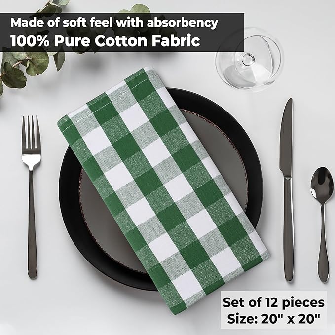 Urban Villa Cotton Dinner Napkins Set of 12, Highly Absorbent Soft Premium Cloth Napkins 20x20 Inches, Hotel Quality Reusable & Washable Table DinnerNapkins for Home -(Hunter/White, Buffalo Checked)