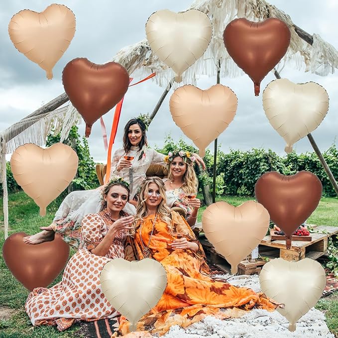 Cream Brown Heart Balloons, 12Pcs Brown Apricot Foil Balloons, Beige Coffee Foil Heart Shape Mylar Balloon 18 Inch Nude Neutral Helium Mylar Balloon for Boho Birthday Baby Shower Wedding Valentine