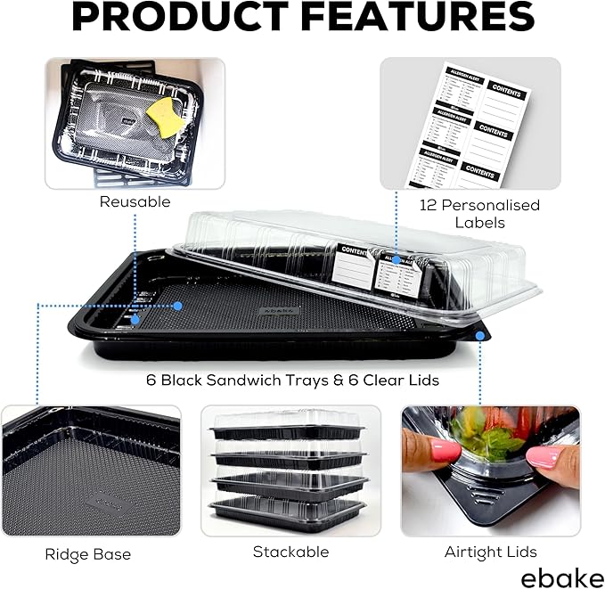 6 Pack Catering Trays with Lids – 13" Serving Tray with Lid, Heavy Duty Recyclable Plastic Party Platters for Catering, Buffet, Picnics & Events – Food Trays with Clear Lid (13.39 × 9.84 × 2.95 inch)