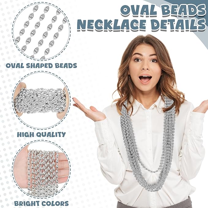 Metallic Silver Bead Necklace, 24PCS Oval Mardi Gras Beads Necklaces for Silver Party Favors, Aesthetic Metallic 32" Necklaces Costume Beaded for Festival Parade Throw Accessories for Wedding Decor