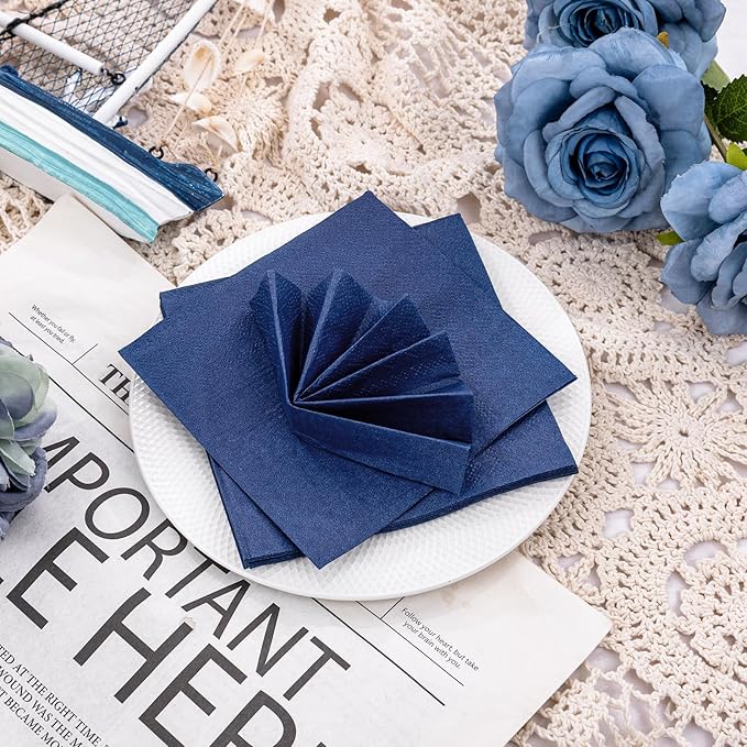 FLOWERCAT 100-Count 2-Ply Blue Cocktail Napkins - Navy Blue Napkins Disposable Premium Quality - 5" x 5" Blue Paper Napkins for July 4th Party,Bar,Weddings,Birthday,Hanukkah,Father's Day