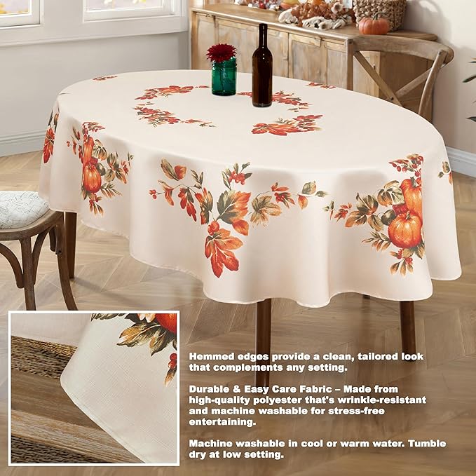 Lintex Thanksgiving Traditions Autumn Harvest Fabric Placemats, Set of 4, Pumpkin Patch and Fall Leaves Border, Easy Care Thanksgiving Fabric Placemat Set