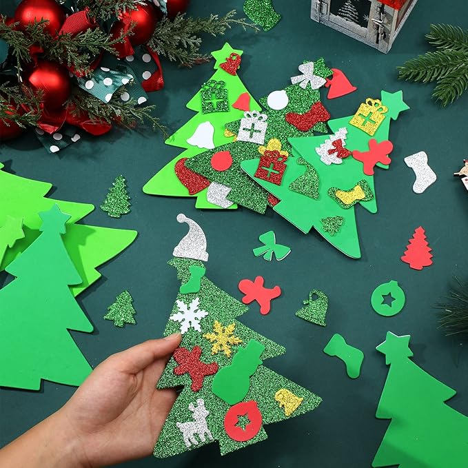 24 Kits DIY Christmas Tree Foam Stickers Bulk Self Adhesive Holiday Winter Glitter Foam Stickers Christmas Tree Craft Kits for Party Favors Fun Home Activities