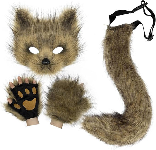 HAOAN Furry Fox Mask Wolf Fox Tail and Paw Gloves Set Adult Cat Halloween Mask Cosplay Animal Party Costume