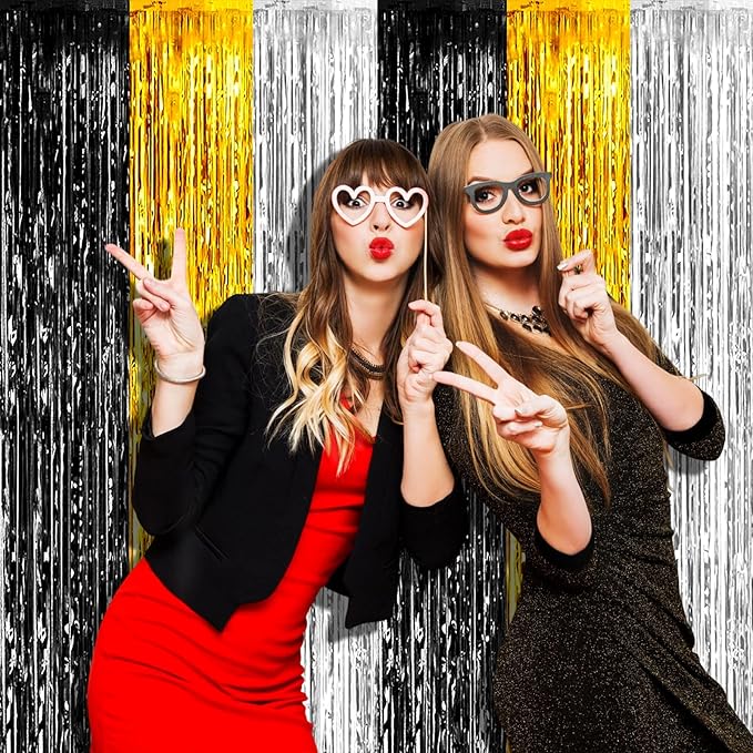 4 Pack 3.2Ft x 9.8Ft Black Gold Silver Foil Fringe Curtain Backdrop, Metallic Tinsel Foil Fringe Streamers for Photo Booth, Wedding, Notorious One Birthday Roaring 20s Graduation Party Decoration