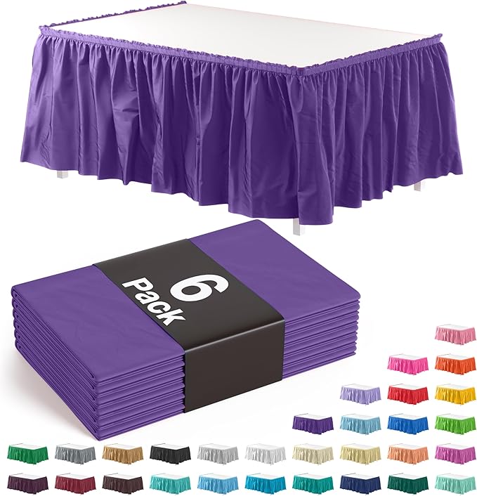 Exquisite Ruffle Table Skirt Purple 6 Pack 14 Ft Long for Rectangle 6ft Plus or Round Tables With Adhesive Strip for Gender Reveal Decor & Happy Birthday Parties