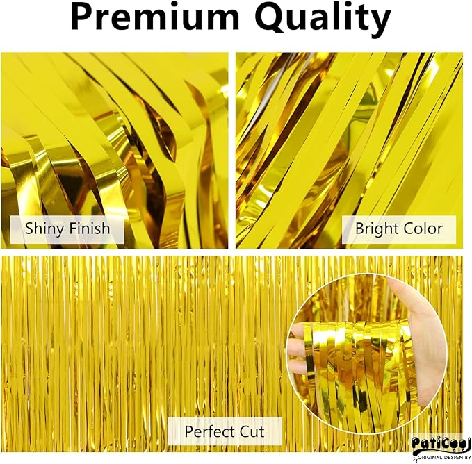 Gold Streamers Graduation Decorations - Thicken 2 Pack 3.2 x 8.2 FT - Golden Tinsel Foil Fringe Backdrop Curtains Party Backdrop for Birthday, Prom, Hollywood, Anniversary Party Decorations