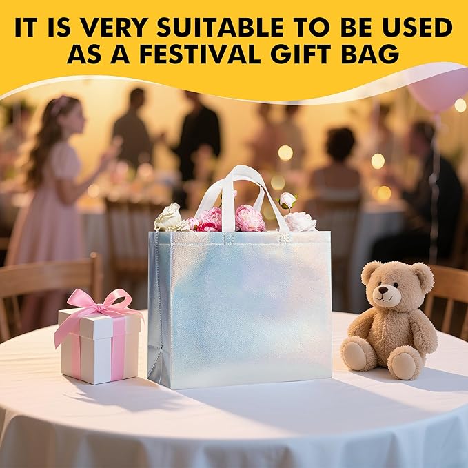RACETOP 15 Pcs Iridescent Glossy Gift Bags Large Size, 13x5x11 Inch Holographic Reusable Gift Bags with Handles & Sturdy Base, Ideal for Birthday, Wedding, Bachelorette, Party Favors, Holiday Goodie