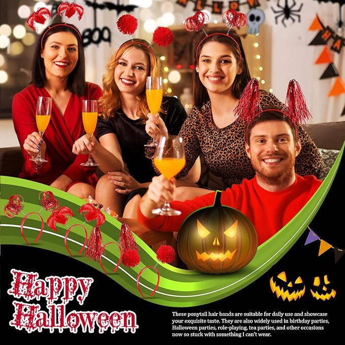 Censen 24 Pcs Pom Pom Headband Tinsel Wrapped Ponytails Head Bopper Costume Headwear Halloween Party Hair Accessories