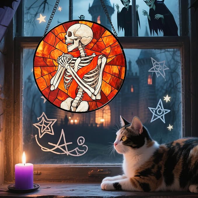 Stained Glass Window Hanging - Halloween Decorations Fear Skeleton Suncatcher for Doors Garden Indoor Spooky Funny Sun Catchers Gothic Decor Horror Gifts for Women Men Friend 7.8 in