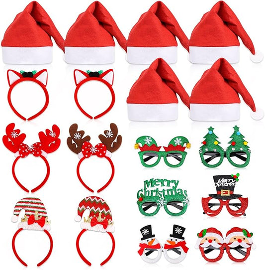18 Pcs Christmas Glasses Glitter Headbands Hats Set, Hair Hoop Eyewear Eyeglasses Frame Santa Hat Photo Props for CHristmas Party Favors Holiday Photos Booth