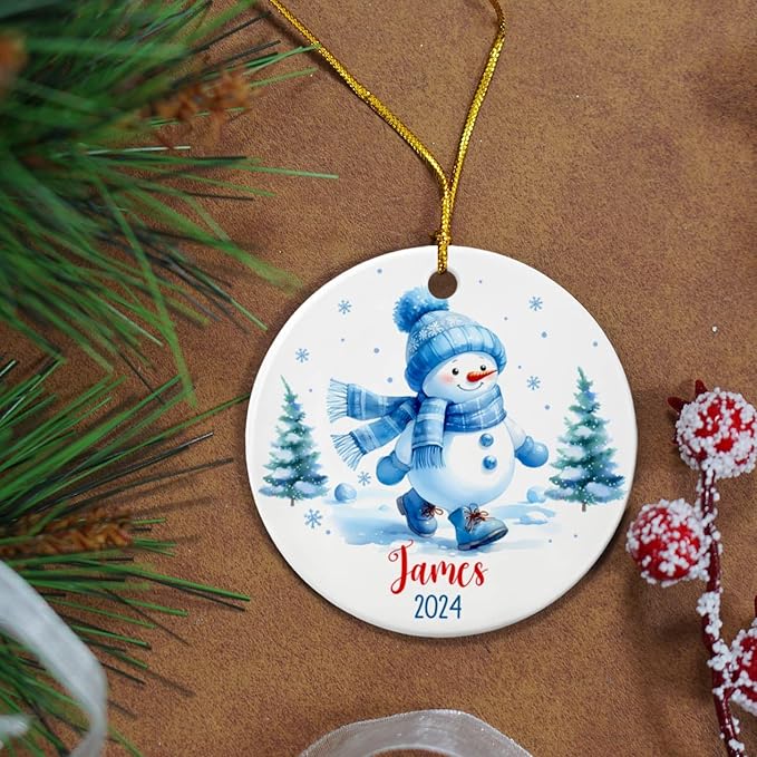 Personalized Snowman Ornament for Christmas Tree - Blue Ceramic Xmas Gift for Dad Mom Kids, Customized Merry Christmas Ornament With Custom Name & Year - Xmas 2025