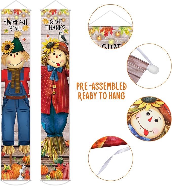 Thanksgiving Hanging Banners Happy Fall Y'all Porch Sign Autumn Hanging Door Banner Thanks Porch Banner Thanksgiving Party Decoration for Fall Indoor Outdoor Door Wall Decor