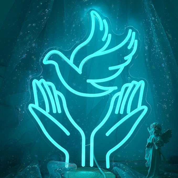 JLEWUINH Peace Dove Neon Sign for Wall Decor Flying Pigeon Neon Light Dimmable Jesus Light Up Sign God Hands Led Light Sign for Christian Church Easter Party Club (16.5 * 12.6 In)