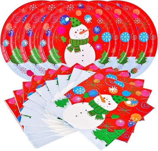 Gatherfun Christmas Party Supplies Christmas Snowman Disposable Paper Dinner Plates and Napkins for Party decorations, Serve 20