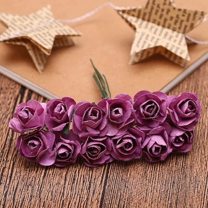 144pcs Mulberry Paper Mini Roses Artificial Flowers Heads with Stems for DIY Crafts Accessories Make Bridal Hair Clips Headbands Dress Wedding Bridal Bouquets Party Home Decor Valentine's (Purple Red)