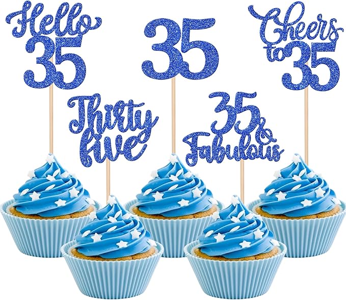 30PCS Happy 35th Birthday Cupcake Toppers Glitter Hello 35 Fabulous Thirty Five Cheers to 35 Years Old Birthday Cupcake Picks for Happy 35th Birthday Anniversary Party Cake Decor Supplies Blue