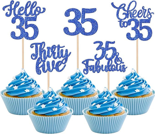 30PCS Happy 35th Birthday Cupcake Toppers Glitter Hello 35 Fabulous Thirty Five Cheers to 35 Years Old Birthday Cupcake Picks for Happy 35th Birthday Anniversary Party Cake Decor Supplies Blue