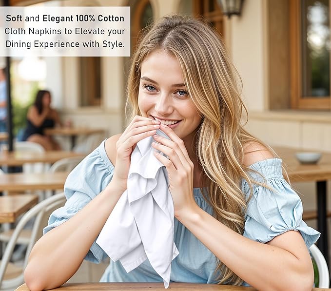 Ruvanti Cloth Napkins Set of 6, 18x18 Inches, 100% Cotton, Washable, Soft & Absorbent, Perfect for Wedding, Christmas, ‎Thanksgiving Dinners - White