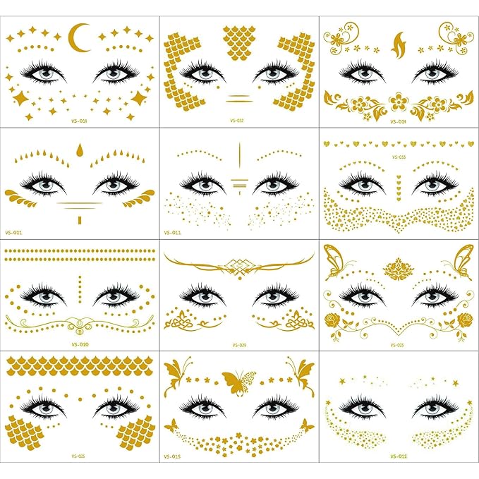 12 Pcs Gold Face Temporary Tattoo Sticker, Glitter Metallic Face Tattoo Stickers, Glitter Freckles, Sparkle Makeup Patches Freckle Tattoos for Women Girls Party Decor 650