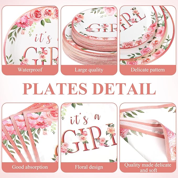 250 Pcs Baby Shower Decoration for Girl, Pink Floral Paper Plates Napkins and Cups It's a Girl Baby Shower Party Tableware for Gender Reveal Spring Birthday Decorations, Serves 50