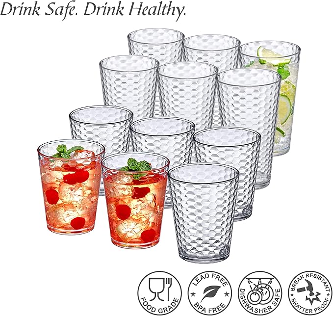 Amazing Abby - Snowflake - 16-Ounce and 24-Ounce Tumblers (Set of 12), Clear Reusable Plastic Cups, Stackable, BPA-Free, Shatter-Proof, Dishwasher-Safe