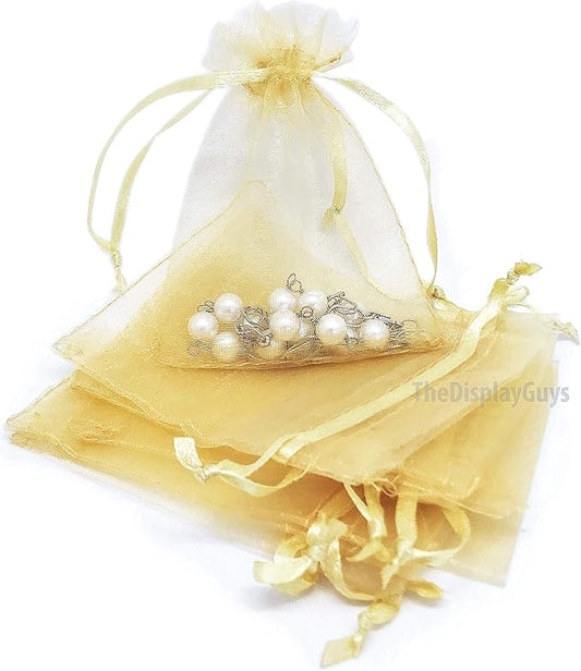 TheDisplayGuys 48-Pack 2" x 2-3/4" Gold Sheer Organza Gift Bags with Drawstring, Jewelry Candy Treat Wedding Party Favors Mesh Pouch