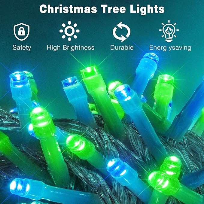 100FT 300 LED Christmas Lights Outdoor, Plug in Christmas String Lights Indoor, Waterproof & 8 Modes & Timer Function, Connectable Fairy Twinkle Light for Home Yard Garden Decorations, Blue Green