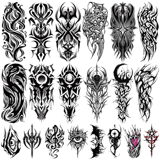 Yazhiji 77 Sheets Cyber Sigilism Temporary Tattoos Adult, 17 Sheets Cyber Seal Fake Arm Chest Shoulder Tattoo Stickers, 60 Sheets Tiny Black Tattoos for Women Men Kids