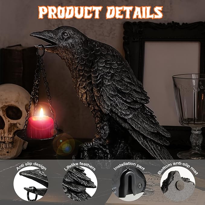 Halloween Decorations Outdoor Indoor Gothic Crow Wall Decor Table Candle Holder Raven Tealight Statue for Yard Patio Garden Bedroom Half Silver