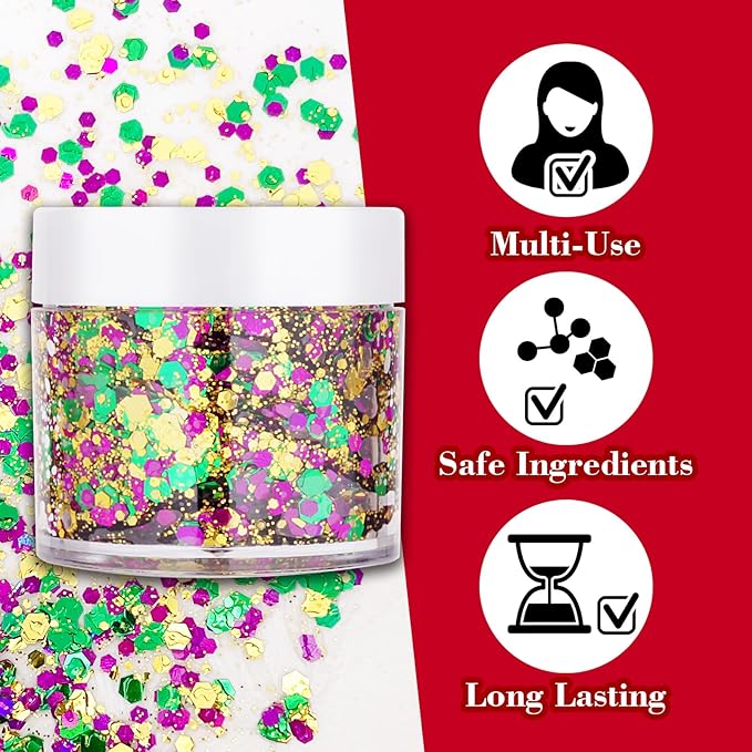 Mardi Gras Accessories Gold Hair Face Glitter,Green Purple Gold Mixed Holographic Body Glitter,Mardi Gras Outfit for Women Kids,Festival Sequins for Body, New Orleans Carnival Decorations