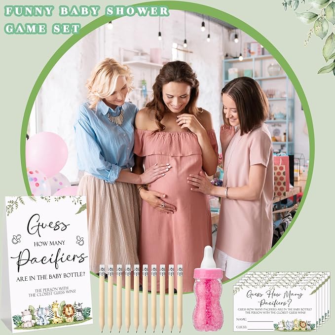 Roowest 512 Pcs Baby Shower Games Guess How Many Pacifiers Sign 100 Small Guessing Games 10 HB Pencils 750ml Milk Bottle 400 Acrylic Pacifiers Decoration for Guest Gender Reveal(Pink,Animal)