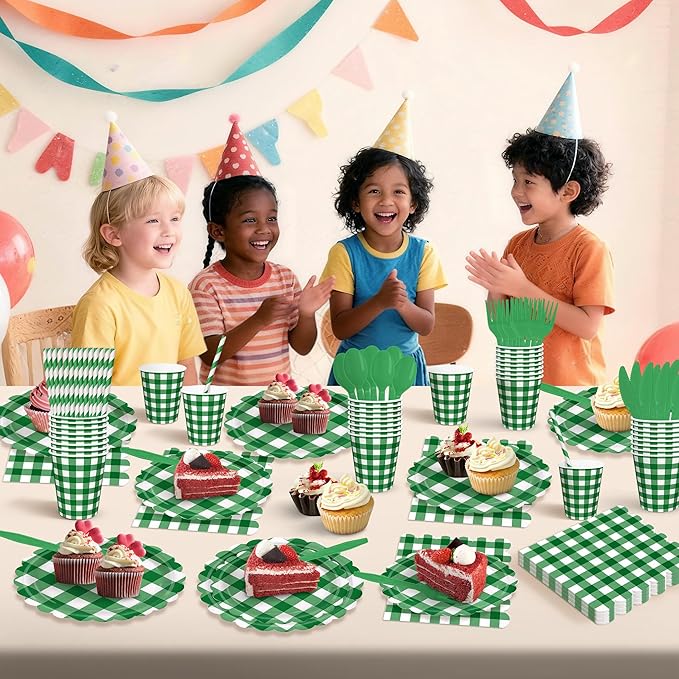 192 PCS Gingham Party Supplies Serve 24 Guests Gingham Plates and Napkins and Cups for Birthday Decorations Baby Shower Checkered Party Dinnerware Sets for Girl Boy Dark Sage Green Christmas