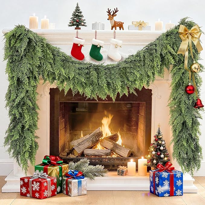 6FT Real Touch Cedar Garland - Artificial Christmas Garlands Faux Green Cedar Fake Pine Needles Garland for Fireplace Table Stair Mantle Window Indoor Outdoor Home Holiday Winter Christmas Decorations