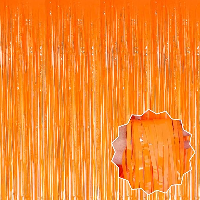 3 Pack Macaron Orange Foil Fringe Curtains Backdrop, 3.28 x 6.6 Ft Metallic Streamers Tinsel Curtains Background for Photo Booth, Birthday, Halloween, Christmas, New Year Party Decorations