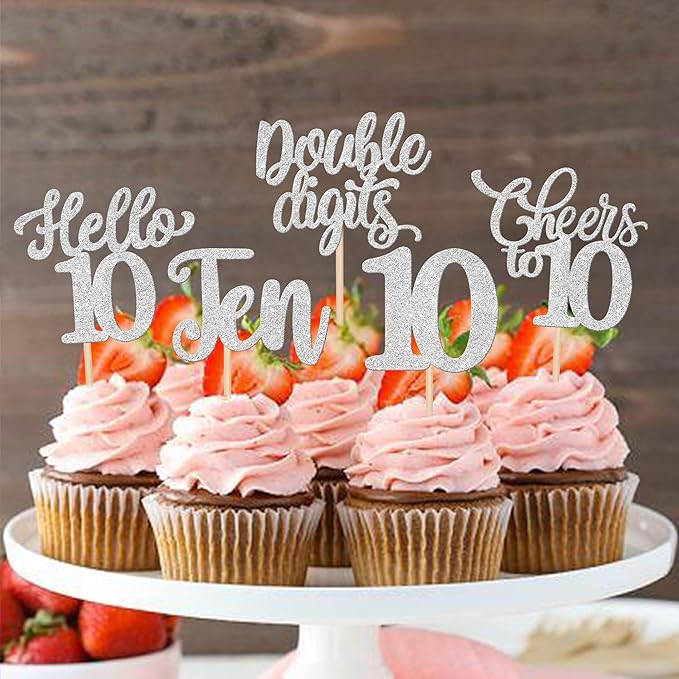 30PCS Happy 10th Birthday Cupcake Toppers Glitter Ten Double Digits Hello 10 Cupcake Picks Cheers to 10 Birthday Decorations for 10th Birthday Anniversary Party Cake Decorations Supplier Silver