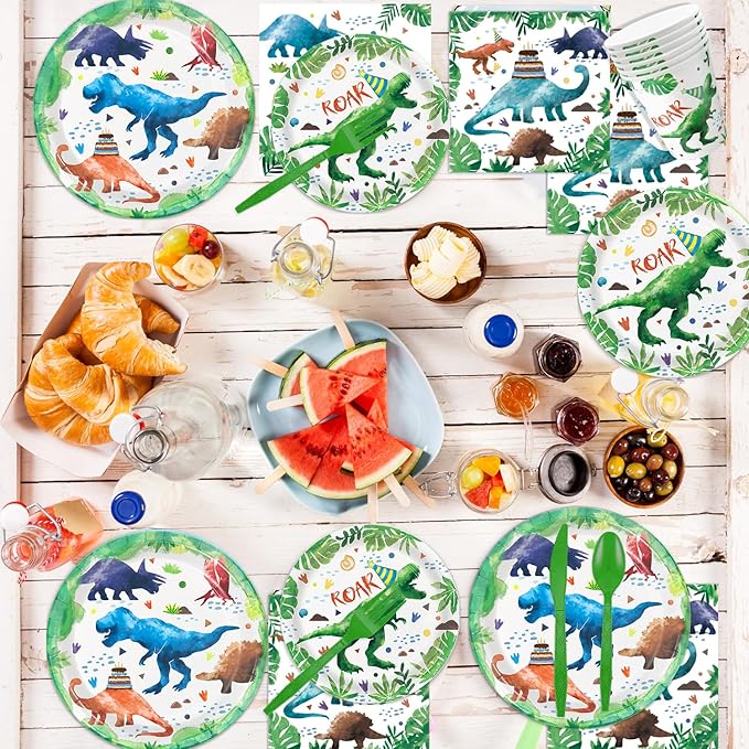 169 Pcs Watercolor Dinosaur Party Supplies Dinosaur Theme Birthday Party Decoration Includes Banner Plates Cups Napkins Knives Forks Spoons Tableware for Boys Birthday, Serves 24 Guests