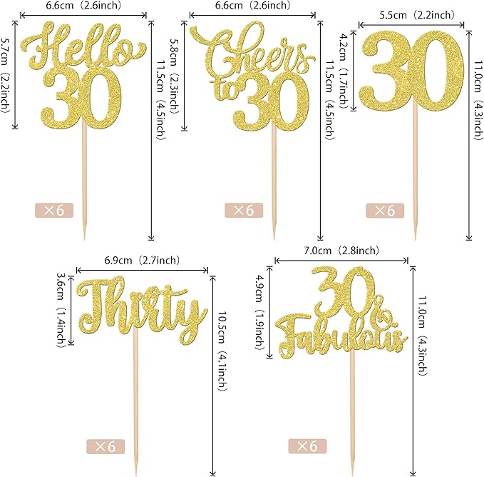 30PCS Happy 30th Birthday Cupcake Toppers Glitter Thirty Cheers to 30 Years Old Birthday Cupcake Picks Hello 30 Fabulous Cake Decorations for Happy 30th Birthday Anniversary Party Supplies Gold