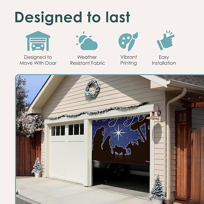 7' x 8' Peaceful O Holy Night Nativity Garage Door Banner - Designed to Move with Door | Sacred Christmas Single Garage Door Decoration