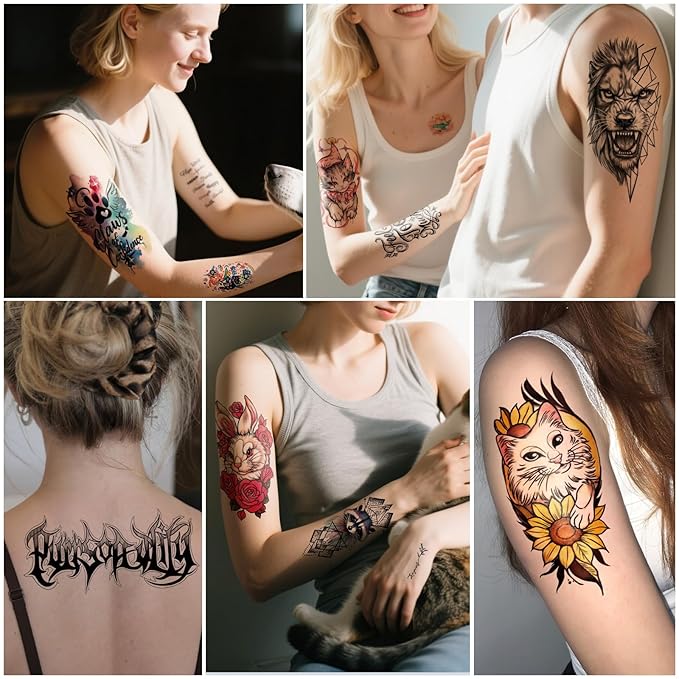 77 Sheets Pet Animal Temporary Tattoo for Women Men, 17 Sheets Half Arm Cat Dog Large Lion Wolf Flower Elephant Fake Tattoo, 60 Tiny Dolphin Rabbit for Adult Kids Body Tattoos Stickers Realistic