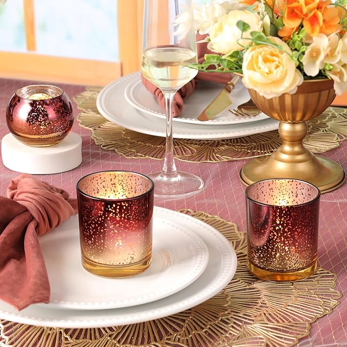 Volens 30pcs Assorted Burgundy Votive Candle Holders Bulk, Large Mercury Glass Votive for Wedding Table Centerpieces, Burgundy and Gold Themed Party Decorations and Home Decor