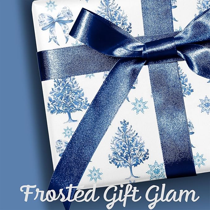 BIOBROWN Reversible Christmas Wrapping Paper - 17 Inch X 33 Feet (46.7 sq. ft. ttl.) - Holiday Trees and Bow Design Perfect for Xmas, Party, Holiday Gift Wrap