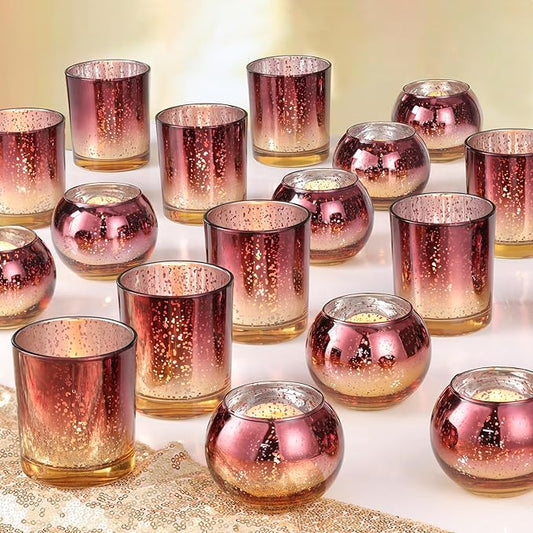Volens 30pcs Assorted Burgundy Votive Candle Holders Bulk, Large Mercury Glass Votive for Wedding Table Centerpieces, Burgundy and Gold Themed Party Decorations and Home Decor