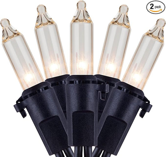 YULETIME Clear Christmas Lights with Black Wire, Pack of 2 Strands 33 Ft 100 Count UL Certified Incandescent Mini String Lights (Clear - Black Wire)