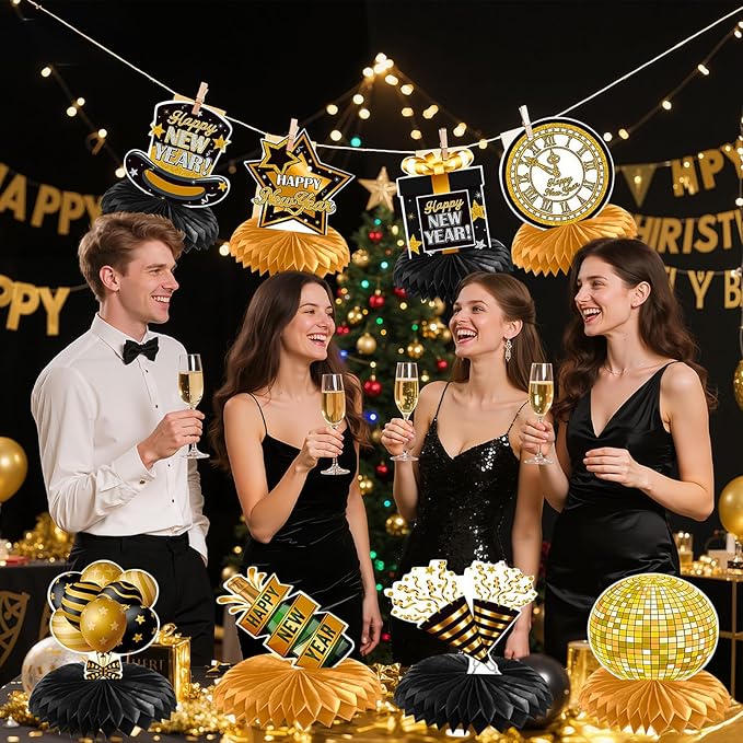 8 Pieces New Years Centerpieces, Gold and Black NYE Party Table Centerpieces for New Years Eve Party Supplies 2026