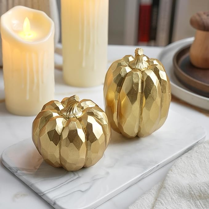 Pumpkin Decor Fall Decoration, Gold Pumpkins for Decorating, 2Pcs Resin Artificial Pumpkin Figurine Mantel Decor, Thanksgiving Autumn Harvest,Wedding