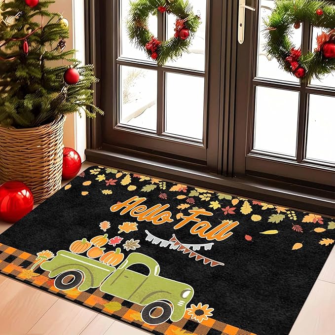 Fall Welcome Maple Leafs Decorative Door Mat, Autumn Thanksgiving Doormat for Indoor Outdoor Entrance Floor Mats,Fall Pumpkins Non Slip Harvest Vintage Decor Rubber Welcome Mats 30" x 18" Inch